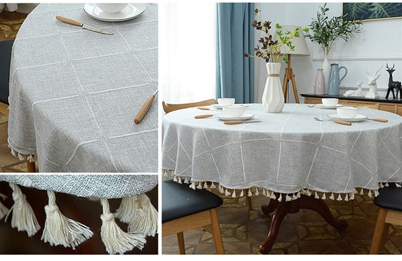 Dimatic Heavy Weight Cotton Linen Tablecloth, Plaid Tassel Round Table Cover for Kitchen Dining Room Tabletop Decorations, Round - 63", Grey - Image 4